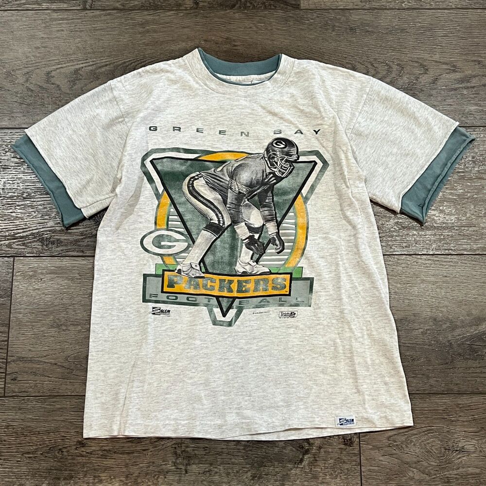 Vintage 90s Salem Green Bay Packers Tee Shirt Layered Sleeve Collar USA Medium